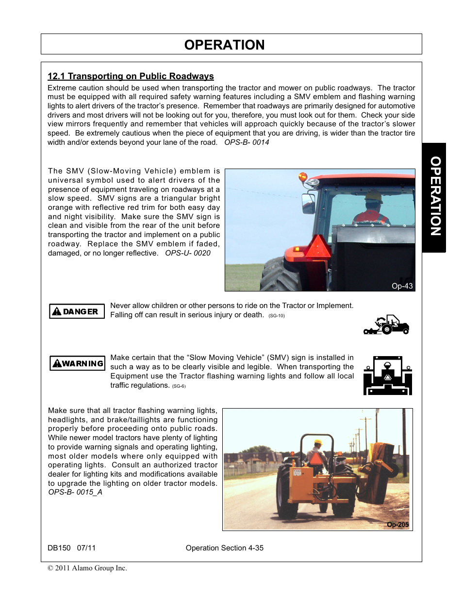 1 transporting on public roadways, Transporting on public roadways -35, Operation | Opera t ion | Rhino Mounts BOOM ARM MOWER DB150 User Manual | Page 141 / 196