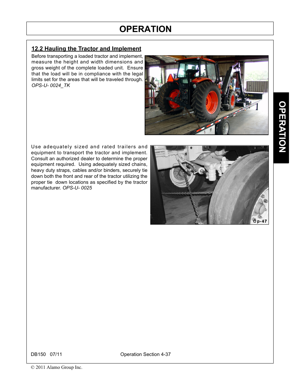 2 hauling the tractor and implement, Hauling the tractor and implement -37, Operation | Opera t ion | Rhino Mounts BOOM ARM MOWER DB150 User Manual | Page 143 / 196