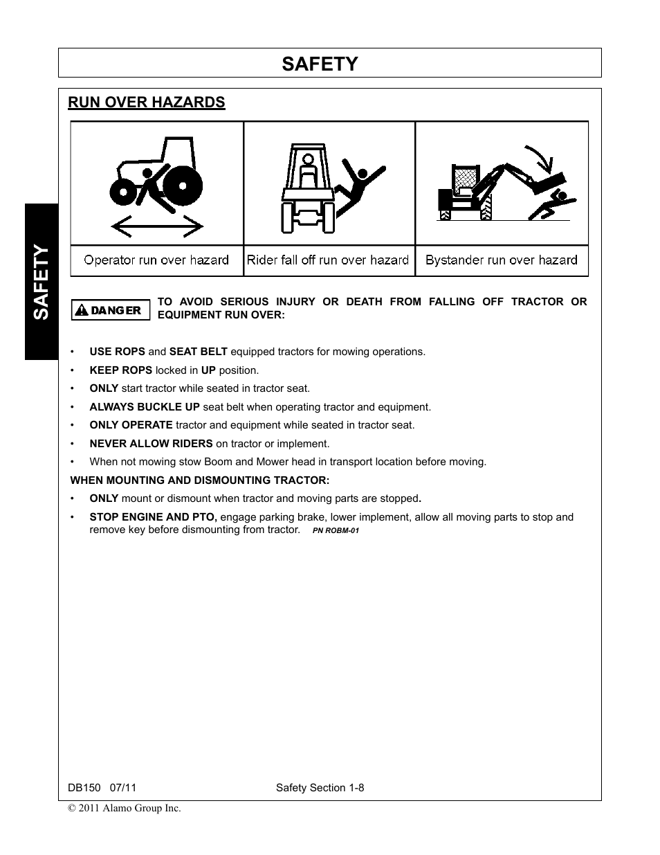 Run over hazards, Run over hazards -8, Safety | Rhino Mounts BOOM ARM MOWER DB150 User Manual | Page 16 / 196