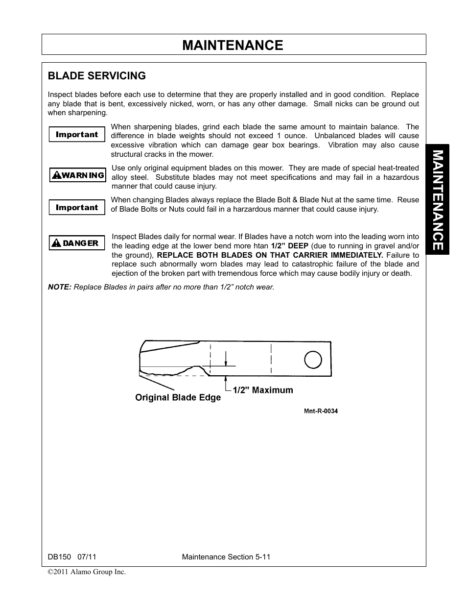 Blade servicing, Blade servicing -11, Maintenance | Rhino Mounts BOOM ARM MOWER DB150 User Manual | Page 163 / 196