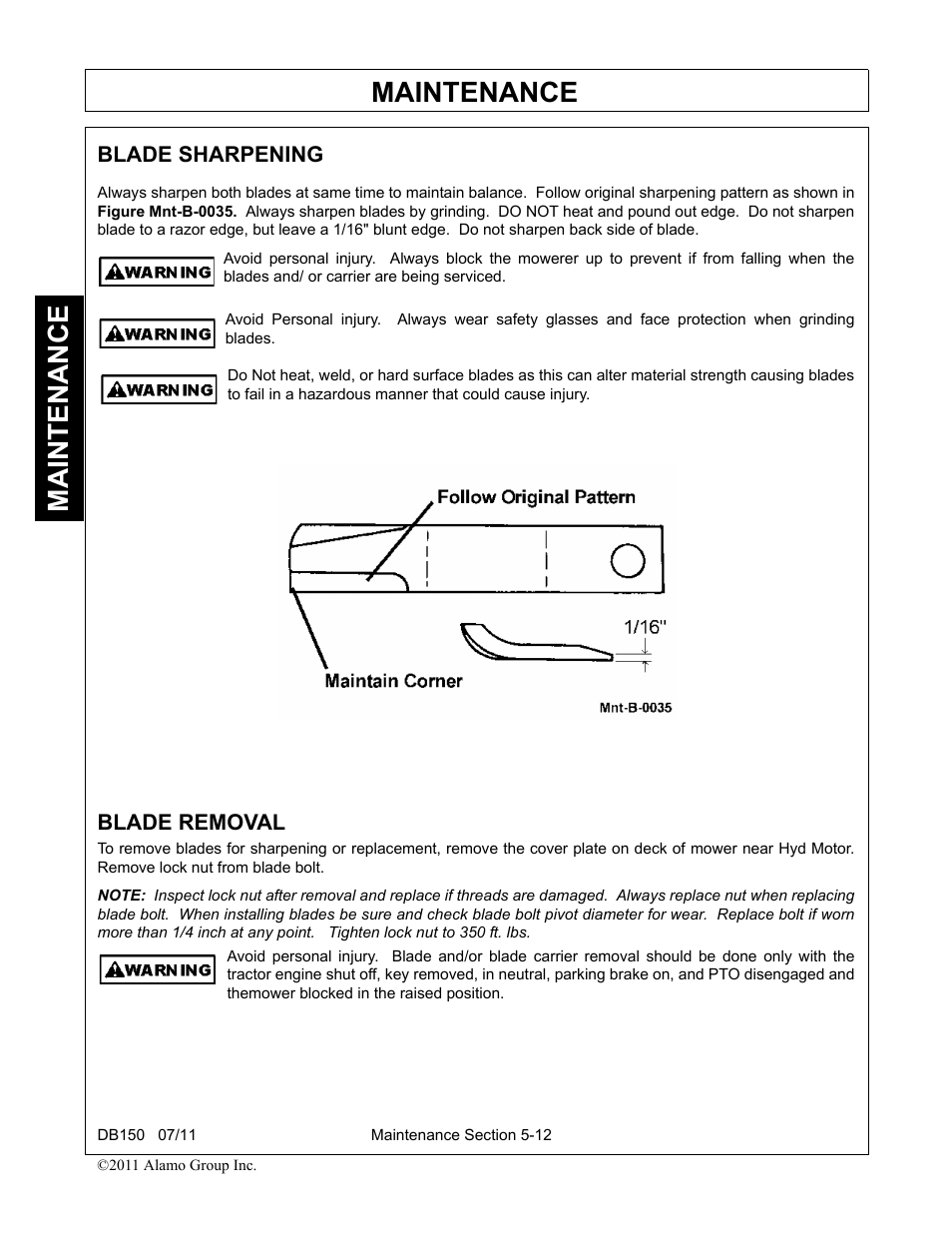 Blade sharpening, Blade removal, Blade sharpening -12 blade removal -12 | Maintenance | Rhino Mounts BOOM ARM MOWER DB150 User Manual | Page 164 / 196