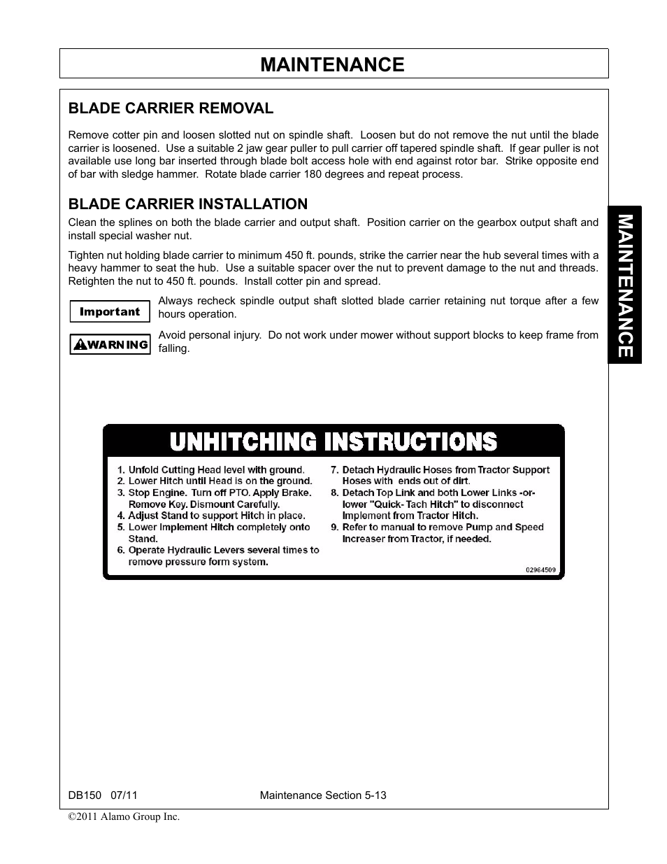Blade carrier removal, Blade carrier installation, Maintenance | Rhino Mounts BOOM ARM MOWER DB150 User Manual | Page 165 / 196