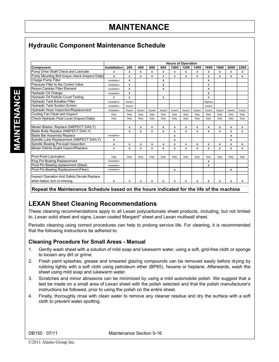 Hydraulic component maintenance schedule, Lexan sheet cleaning recommendations, Cleaning procedure for small areas - manual | Maintenance | Rhino Mounts BOOM ARM MOWER DB150 User Manual | Page 168 / 196