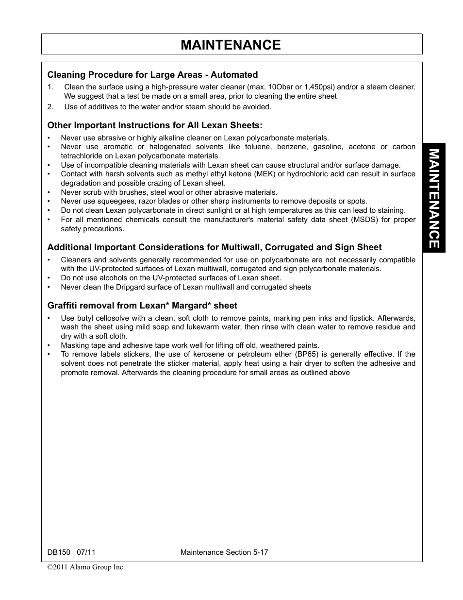 Cleaning procedure for large areas - automated, Other important instructions for all lexan sheets, Graffiti removal from lexan* margard* sheet | Maintenance | Rhino Mounts BOOM ARM MOWER DB150 User Manual | Page 169 / 196