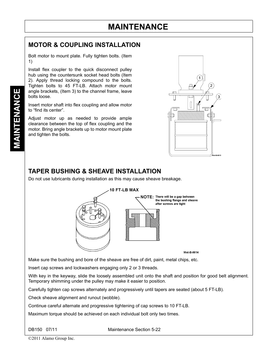 Motor & coupling installation, Taper bushing & sheave installation, Maintenance | Rhino Mounts BOOM ARM MOWER DB150 User Manual | Page 174 / 196