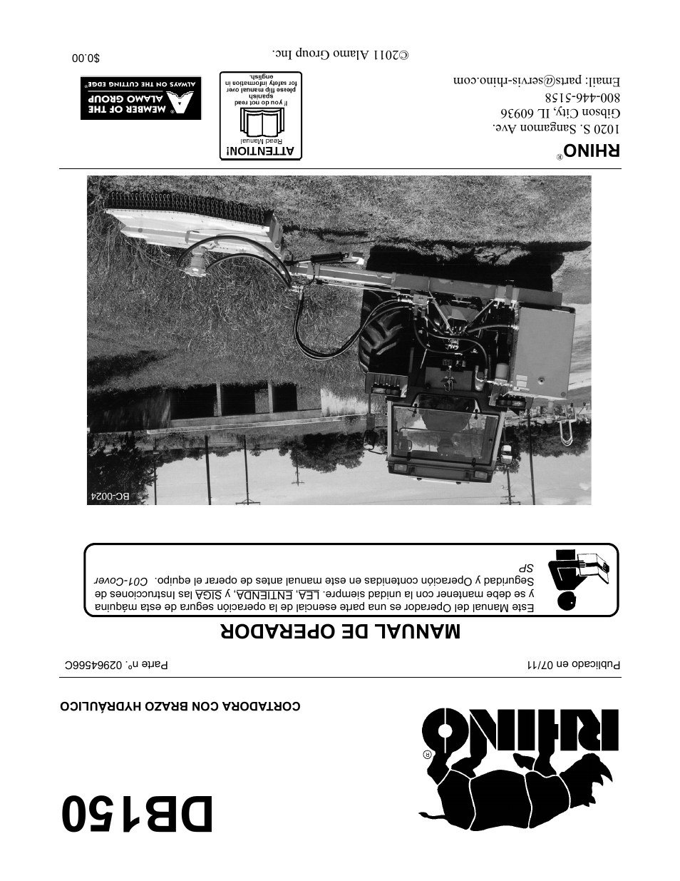 Db150, Manual de operador, Rhino | Cortadora con brazo hydráulico | Rhino Mounts BOOM ARM MOWER DB150 User Manual | Page 196 / 196