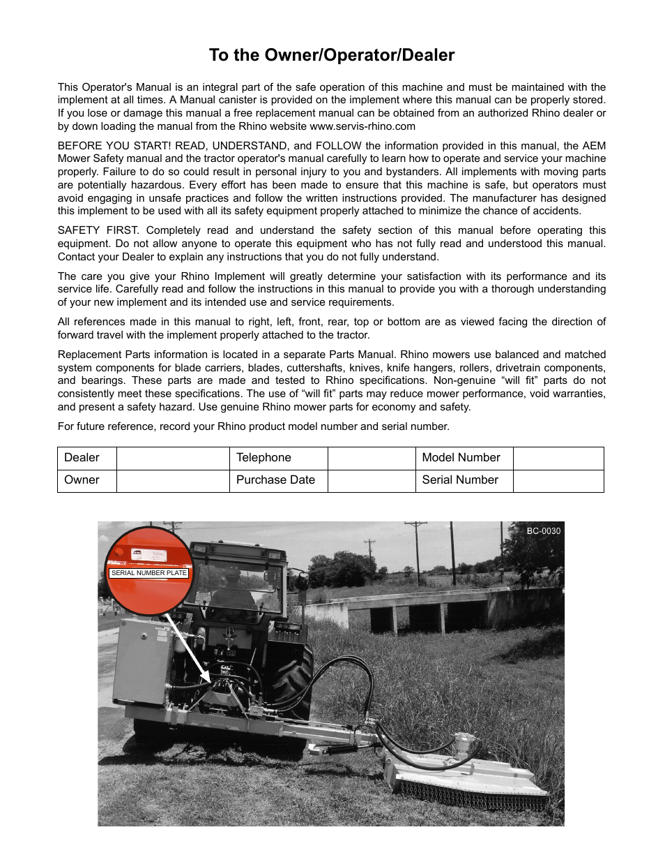 To the owner/operator/dealer | Rhino Mounts BOOM ARM MOWER DB150 User Manual | Page 2 / 196