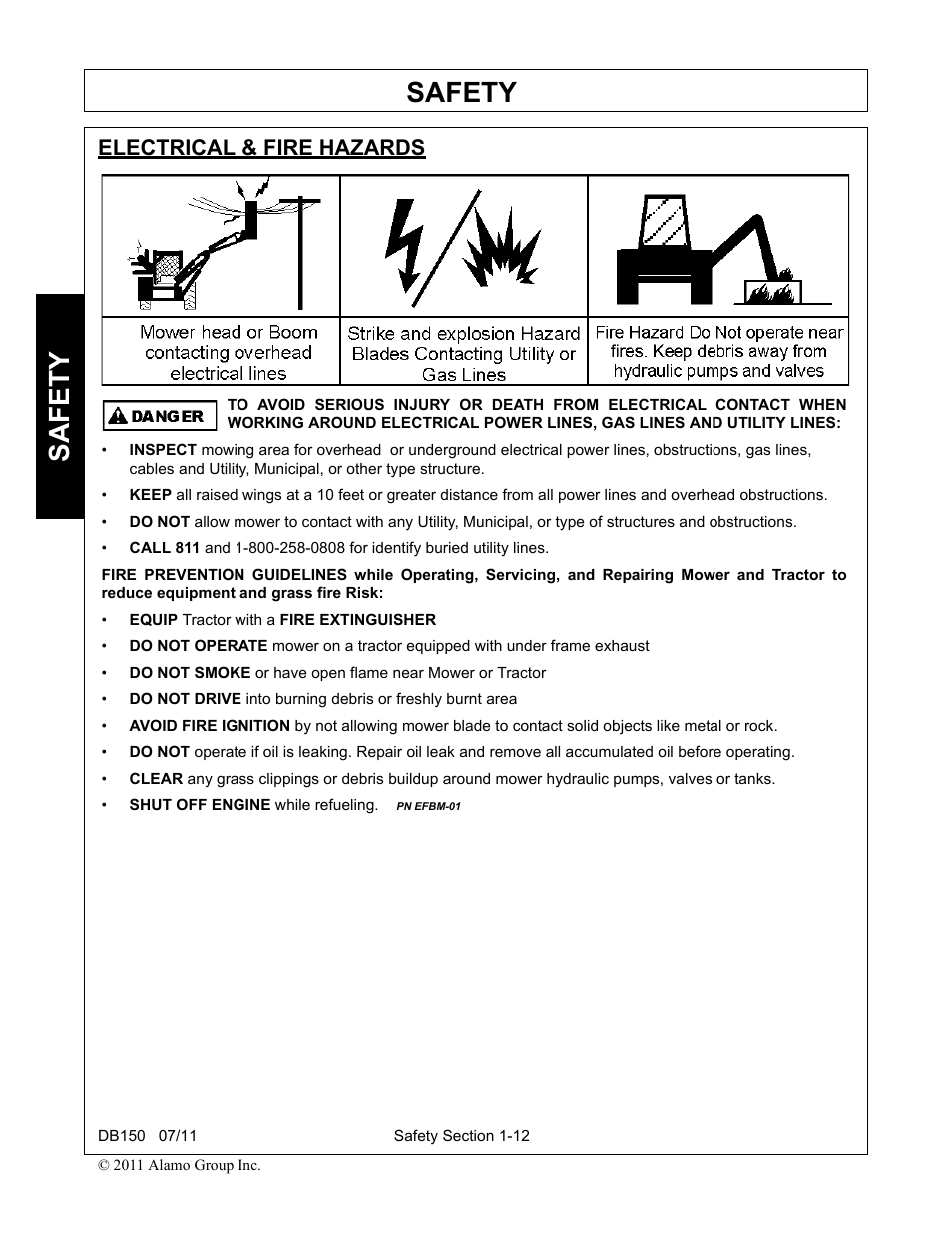 Electrical & fire hazards, Electrical & fire hazards -12, Safety | Rhino Mounts BOOM ARM MOWER DB150 User Manual | Page 20 / 196