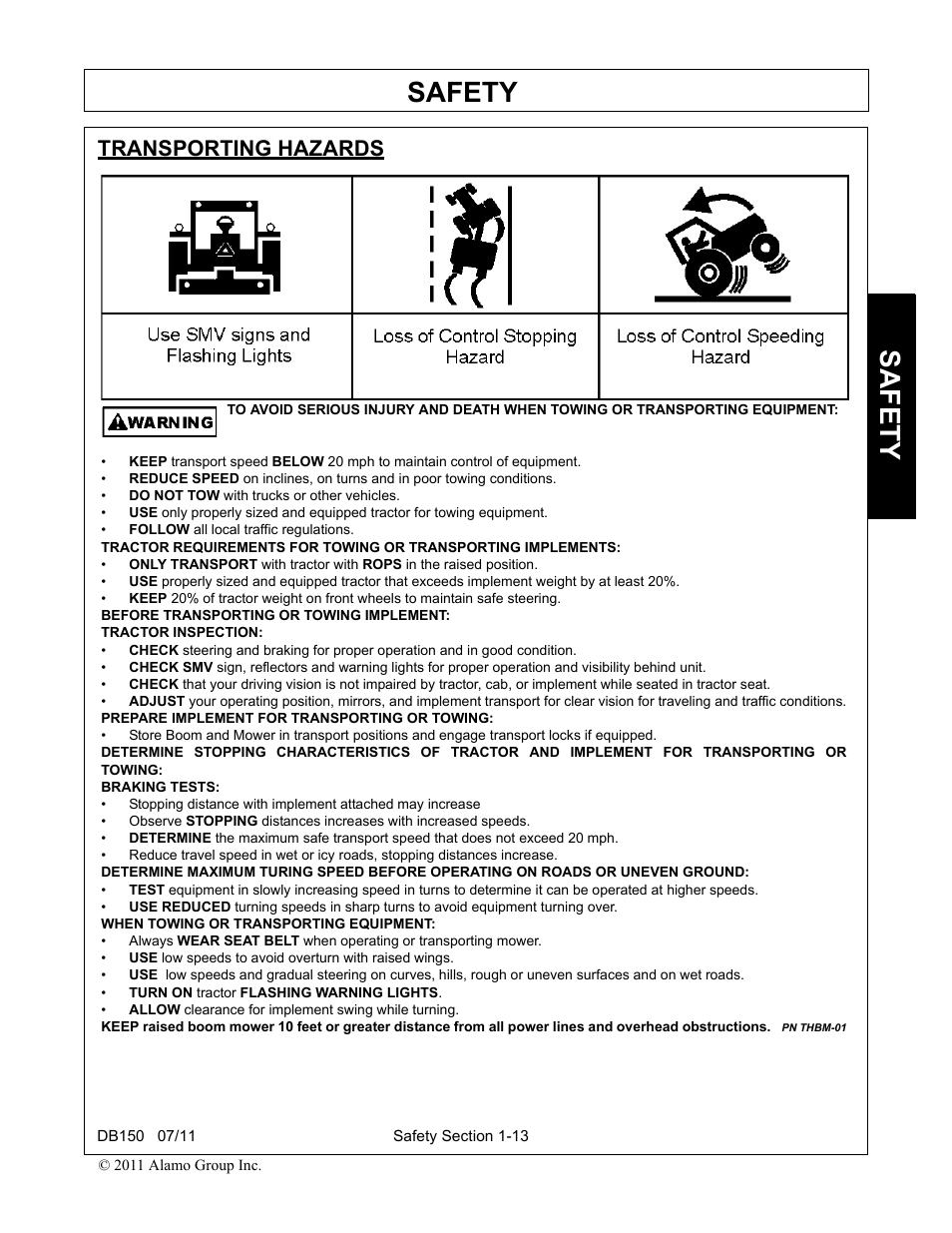 Transporting hazards, Transporting hazards -13, Safety | Rhino Mounts BOOM ARM MOWER DB150 User Manual | Page 21 / 196