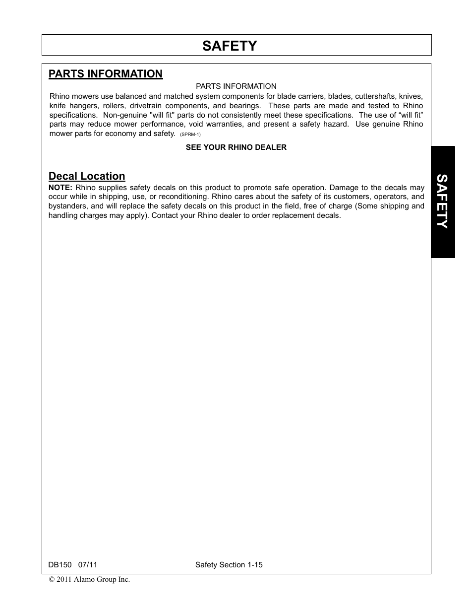 Parts information, Decal location, Parts information -15 decal location -15 | Safety | Rhino Mounts BOOM ARM MOWER DB150 User Manual | Page 23 / 196
