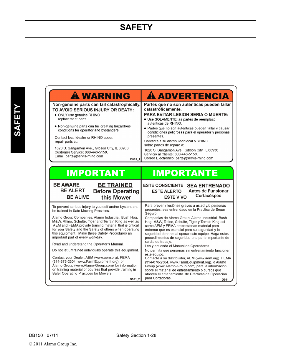 Safety | Rhino Mounts BOOM ARM MOWER DB150 User Manual | Page 36 / 196