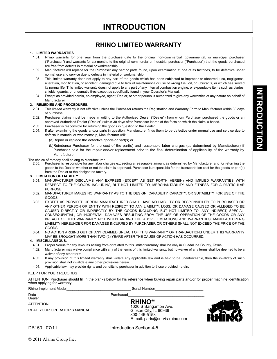 Limited warranties, Remedies and procedures, Limitation of liability | Miscellaneous, Introduction, Rhino, Rhino limited warranty | Rhino Mounts BOOM ARM MOWER DB150 User Manual | Page 95 / 196
