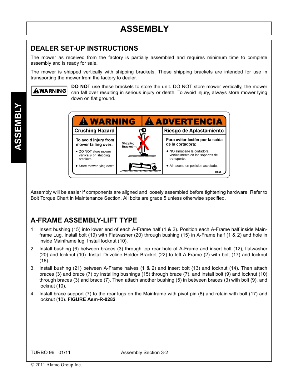 Dealer set-up instructions, A-frame assembly-lift type, Assembly | Assembl y | Rhino Mounts TURBO 96 User Manual | Page 100 / 202