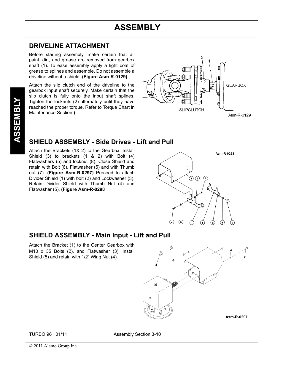 Driveline attachment, Shield assembly - side drives - lift and pull, Shield assembly - main input - lift and pull | Assembly, Assembl y | Rhino Mounts TURBO 96 User Manual | Page 108 / 202