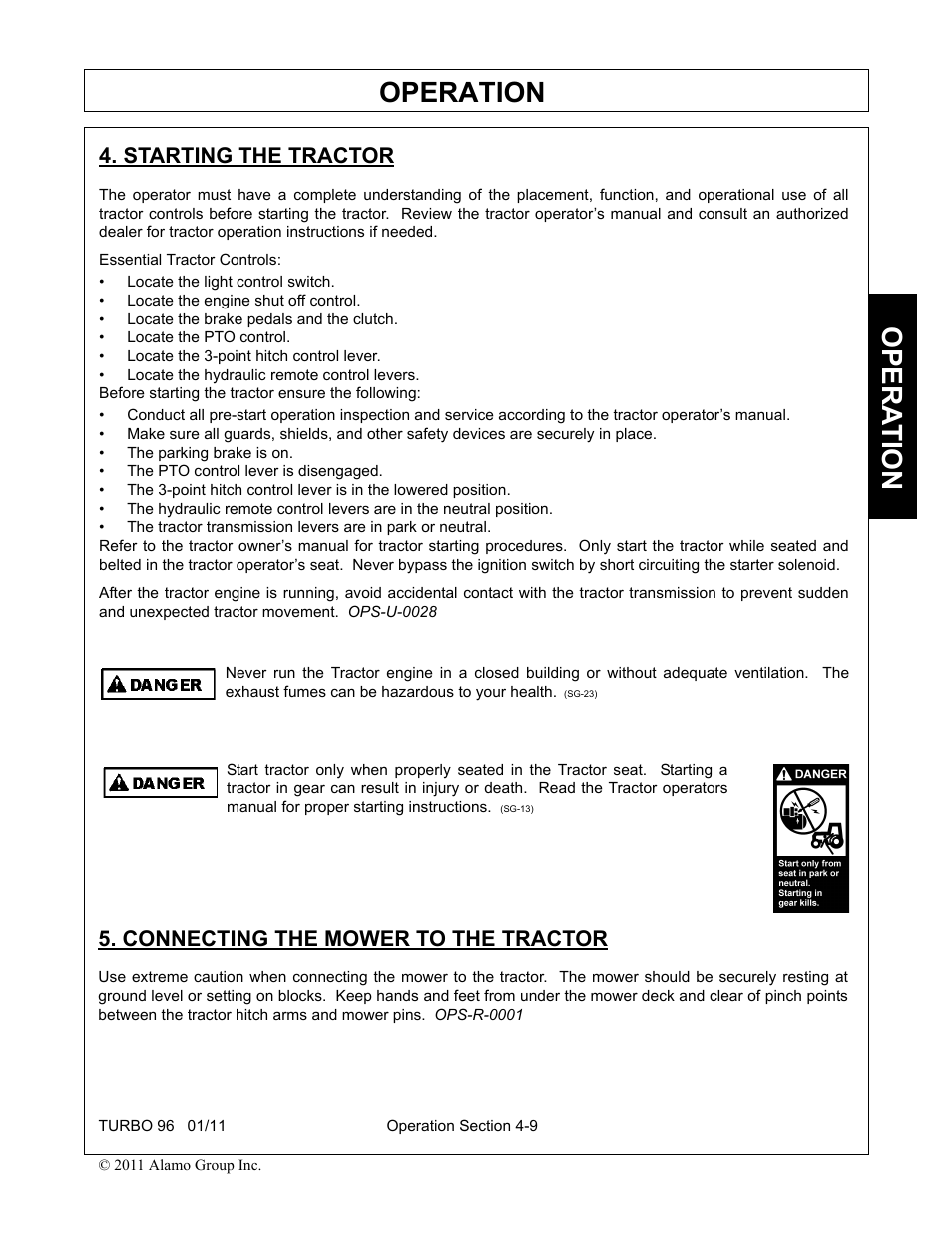 Starting the tractor, Connecting the mower to the tractor, Operation | Opera t ion | Rhino Mounts TURBO 96 User Manual | Page 121 / 202