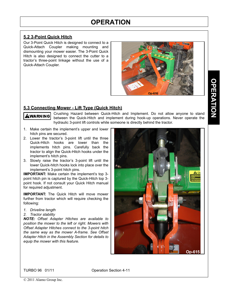 2 3-point quick hitch, 3 connecting mower - lift type (quick hitch), Driveline length | Tractor stability, Operation, Opera t ion | Rhino Mounts TURBO 96 User Manual | Page 123 / 202