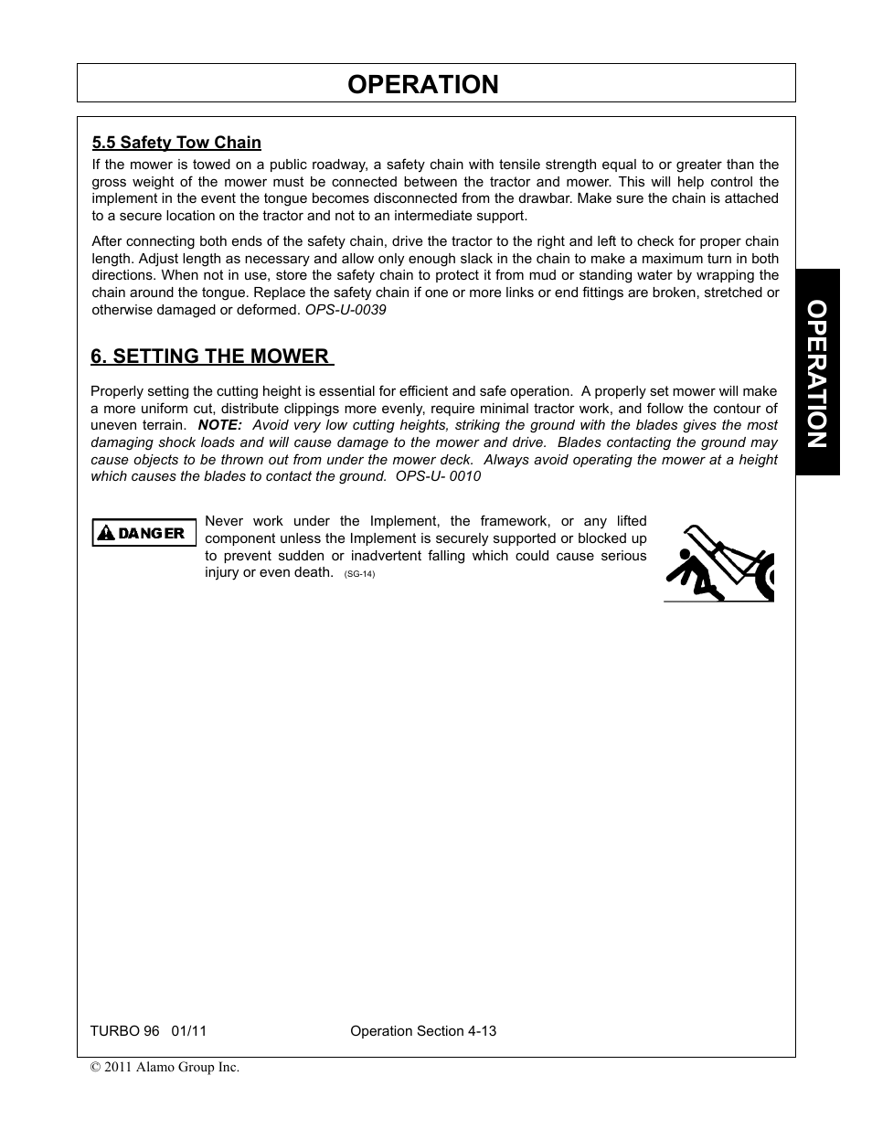 5 safety tow chain, Setting the mower, Safety tow chain -13 setting the mower -13 | Operation, Opera t ion | Rhino Mounts TURBO 96 User Manual | Page 125 / 202