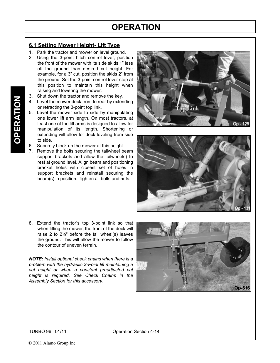 1 setting mower height- lift type, Park the tractor and mower on level ground, Shut down the tractor and remove the key | Securely block up the mower at this height, Setting mower height- lift type -14, Operation, Opera t ion | Rhino Mounts TURBO 96 User Manual | Page 126 / 202