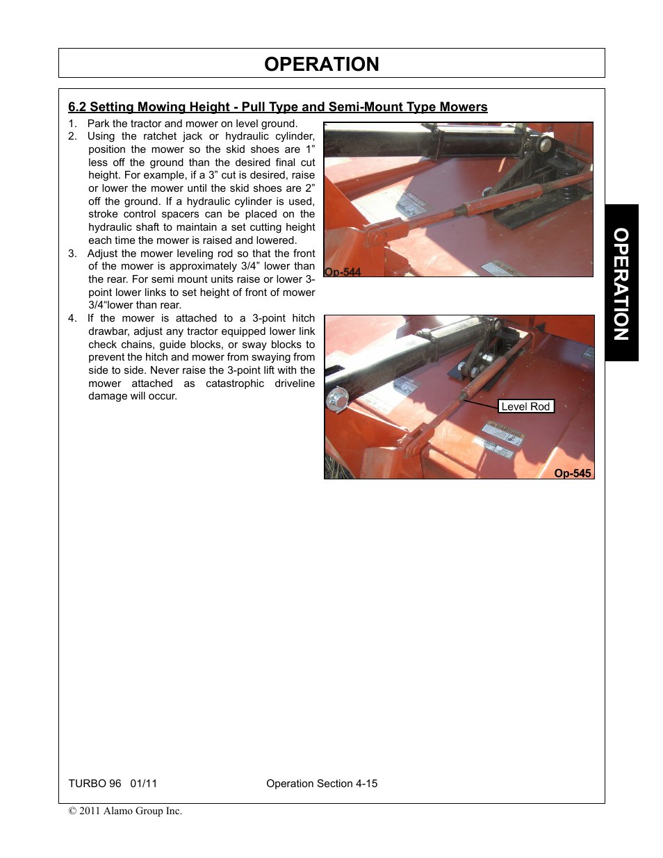 Park the tractor and mower on level ground, Operation, Opera t ion | Rhino Mounts TURBO 96 User Manual | Page 127 / 202