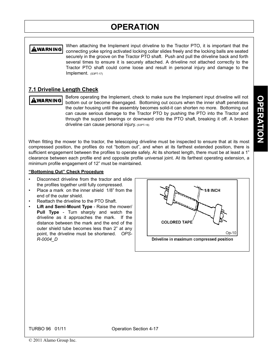 1 driveline length check, Driveline length check -17, Operation | Opera t ion | Rhino Mounts TURBO 96 User Manual | Page 129 / 202