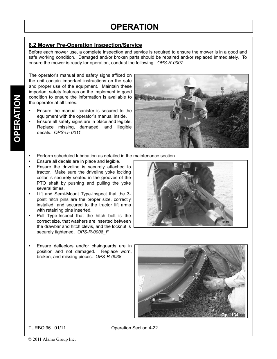 2 mower pre-operation inspection/service, Mower pre-operation inspection/service -22, Operation | Opera t ion | Rhino Mounts TURBO 96 User Manual | Page 134 / 202