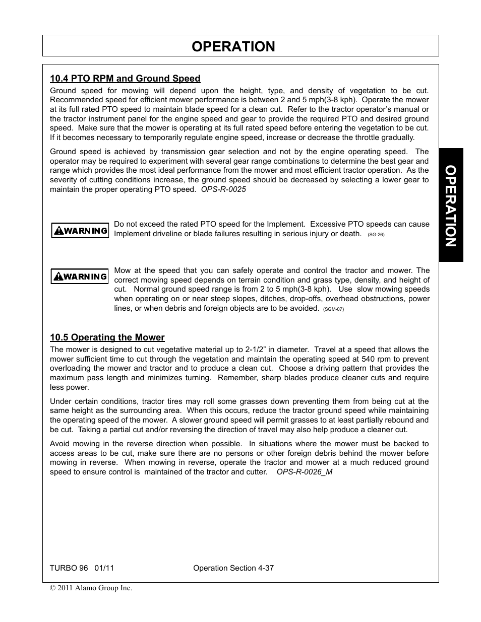 4 pto rpm and ground speed, 5 operating the mower, Operation | Opera t ion | Rhino Mounts TURBO 96 User Manual | Page 149 / 202