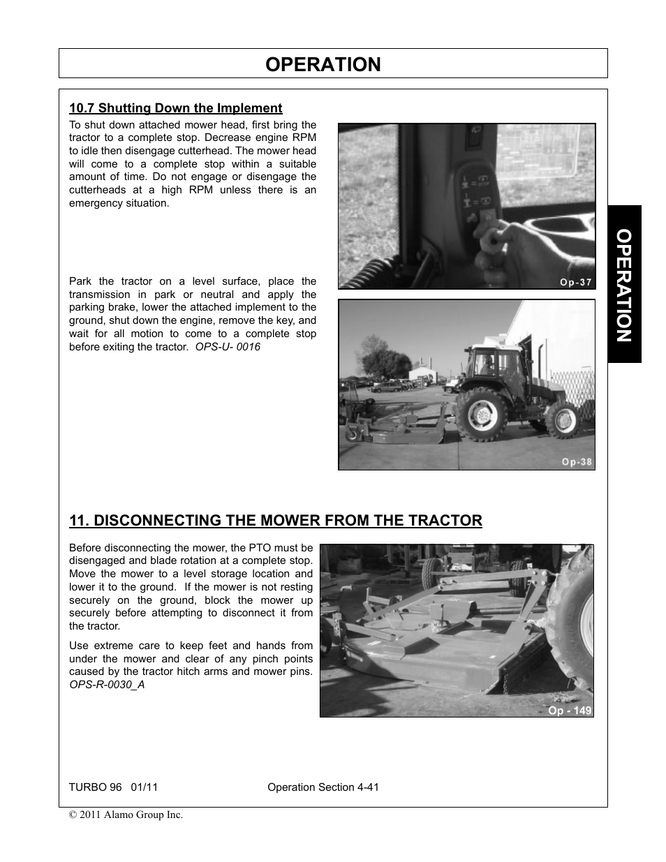 7 shutting down the implement, Disconnecting the mower from the tractor, Operation | Opera t ion | Rhino Mounts TURBO 96 User Manual | Page 153 / 202