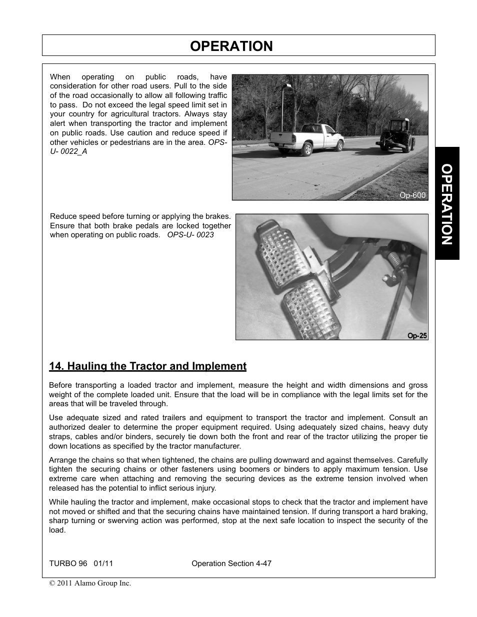 Hauling the tractor and implement, Hauling the tractor and implement -47, Operation | Opera t ion | Rhino Mounts TURBO 96 User Manual | Page 159 / 202