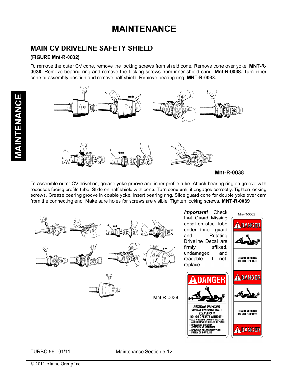 Main cv driveline safety shield -12, Maintenance | Rhino Mounts TURBO 96 User Manual | Page 174 / 202