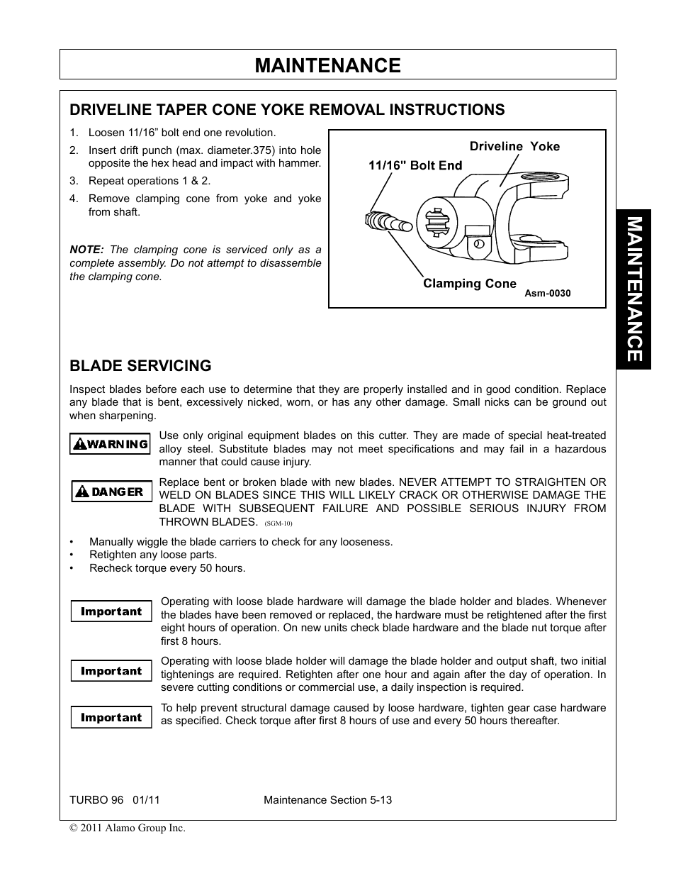 Driveline taper cone yoke removal instructions, Loosen 11/16” bolt end one revolution, Repeat operations 1 & 2 | Remove clamping cone from yoke and yoke from shaft, Blade servicing, Maintenance | Rhino Mounts TURBO 96 User Manual | Page 175 / 202