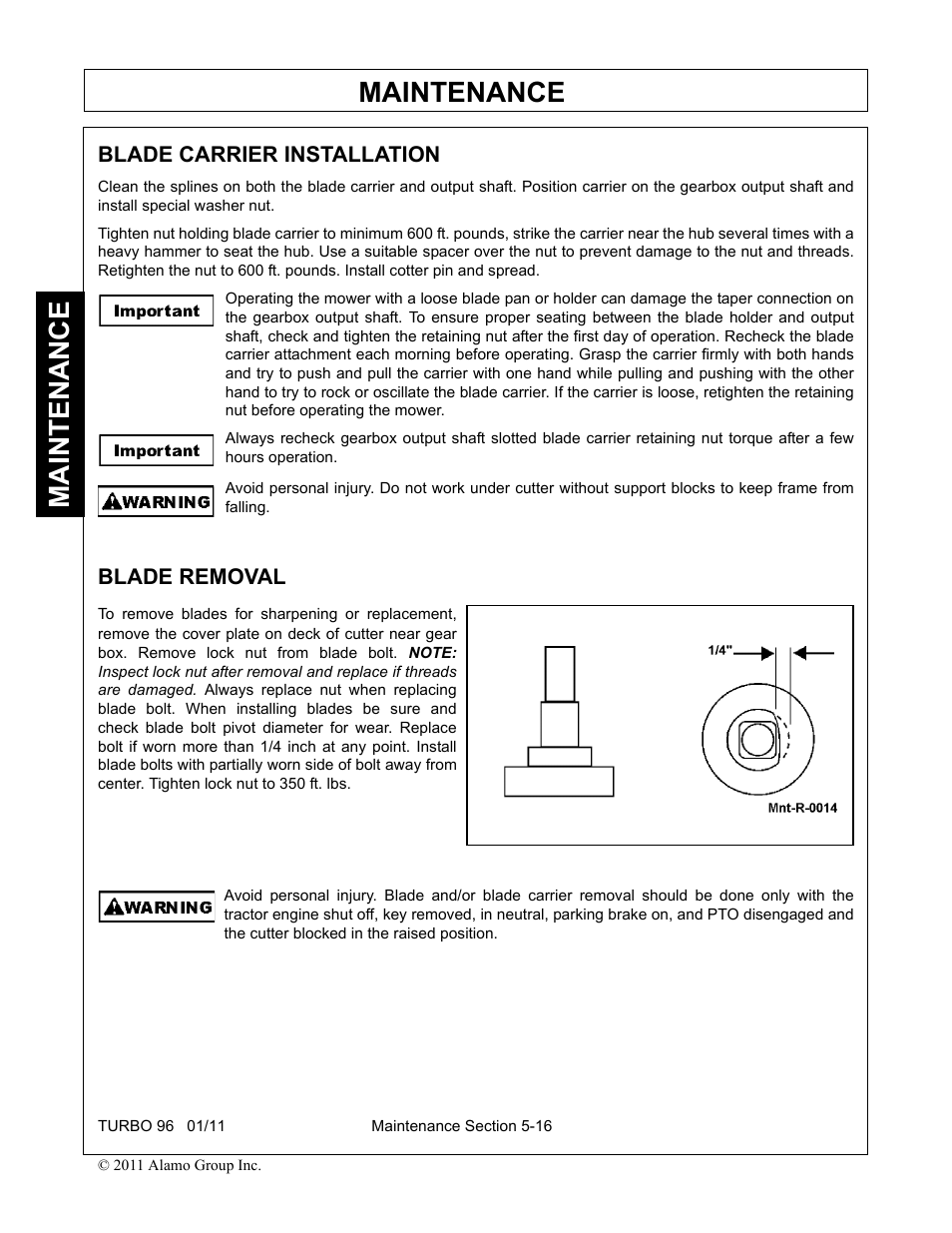 Blade carrier installation, Blade removal, Blade carrier installation -16 blade removal -16 | Maintenance | Rhino Mounts TURBO 96 User Manual | Page 178 / 202