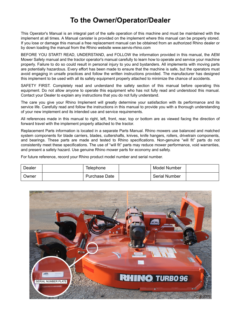 To the owner/operator/dealer | Rhino Mounts TURBO 96 User Manual | Page 2 / 202