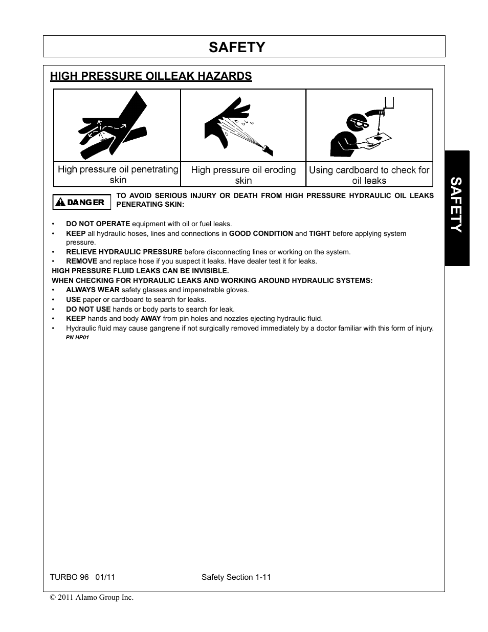 High pressure oilleak hazards, High pressure oilleak hazards -11, Safety | Rhino Mounts TURBO 96 User Manual | Page 21 / 202