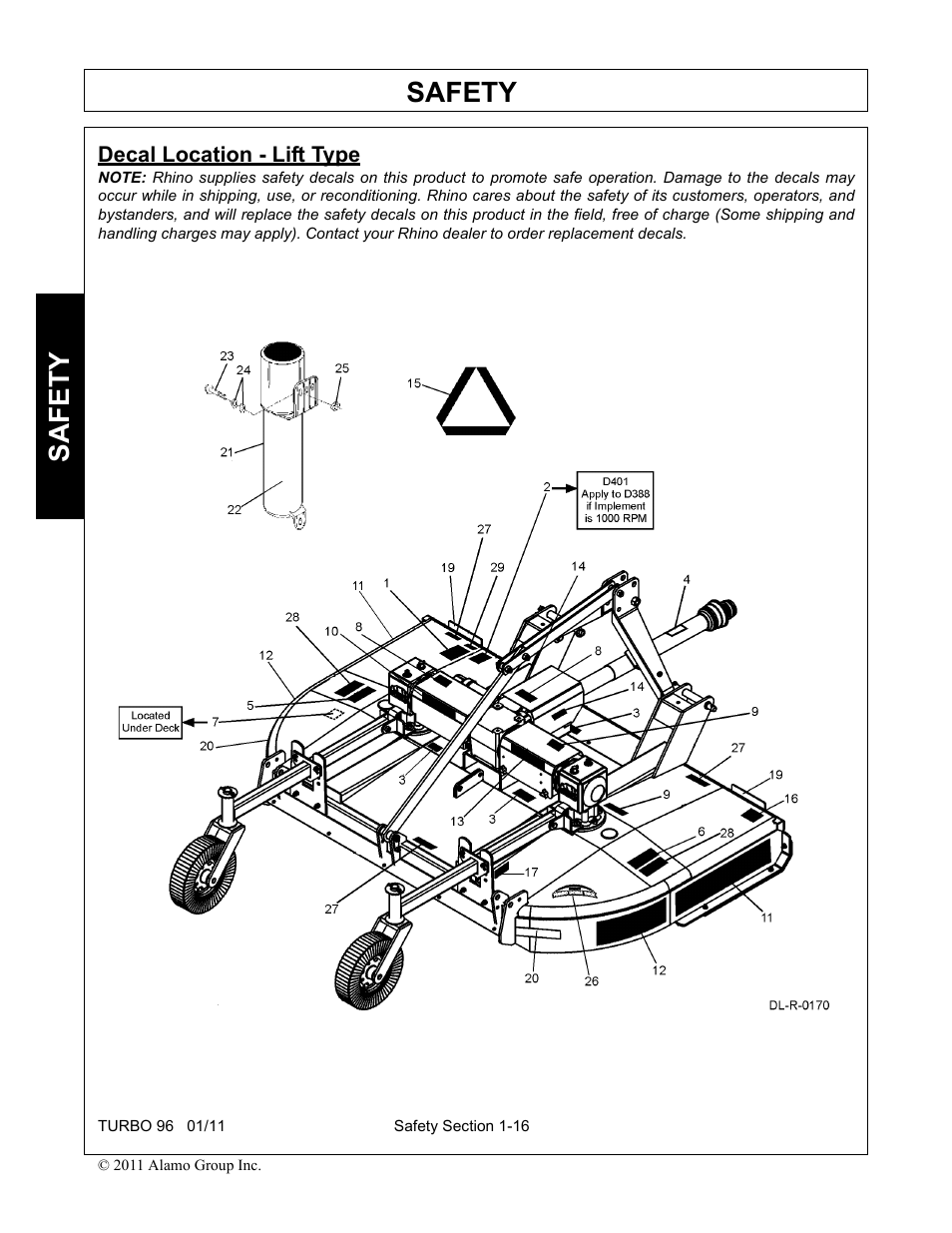 Decal location - lift type, Decal location - lift type -16, Safety | Rhino Mounts TURBO 96 User Manual | Page 26 / 202