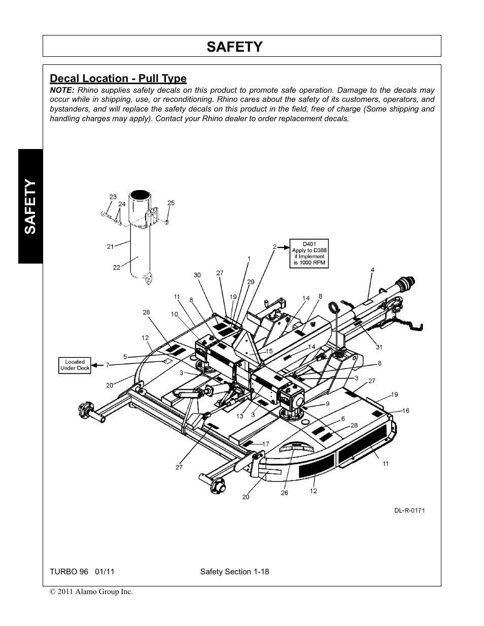 Decal location - pull type, Decal location - pull type -18, Safety | Rhino Mounts TURBO 96 User Manual | Page 28 / 202