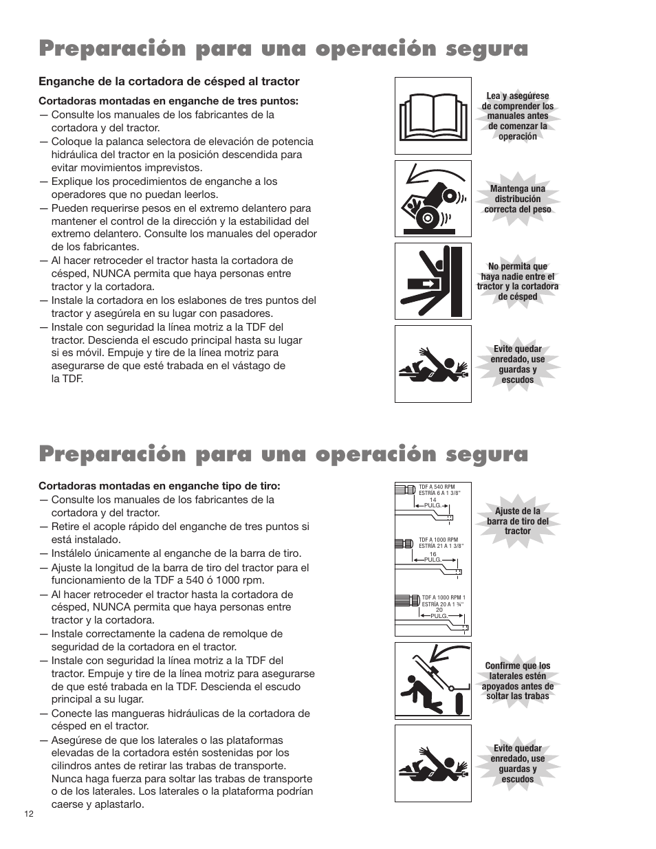 Preparación para una operación segura, Enganche de la cortadora de césped al tractor | Rhino Mounts TURBO 96 User Manual | Page 78 / 202