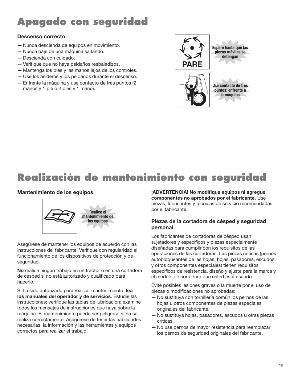 Apagado con seguridad, Realización de mantenimiento con seguridad | Rhino Mounts TURBO 96 User Manual | Page 85 / 202