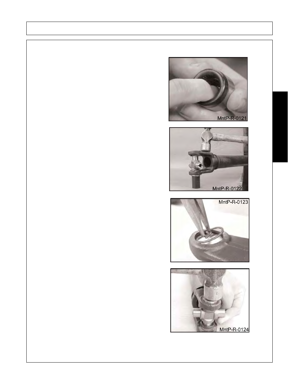 To reassemble universal joint, Smear grease into bearings and check for dirt, Insert cup and cross. drive in with spacer | Insert snap ring, To reassemble universal joint -9, Maintenance | Rhino Mounts NITRO FN20 User Manual | Page 149 / 168