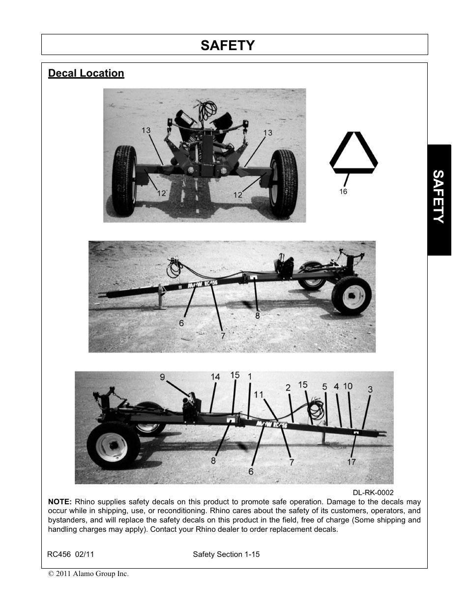 Decal location, Decal location -15, Safety | Rhino Mounts RC456 User Manual | Page 19 / 72