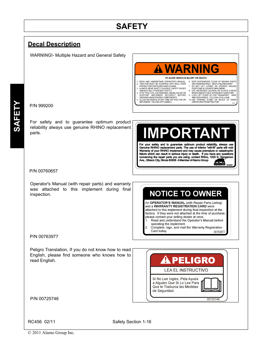 Decal description, Decal description -16, Safety | Rhino Mounts RC456 User Manual | Page 20 / 72