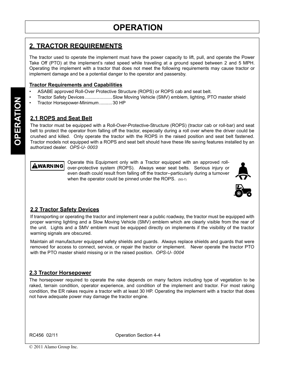 Tractor requirements, Tractor requirements and capabilities, 1 rops and seat belt | 2 tractor safety devices, 3 tractor horsepower, Operation, Opera t ion | Rhino Mounts RC456 User Manual | Page 38 / 72