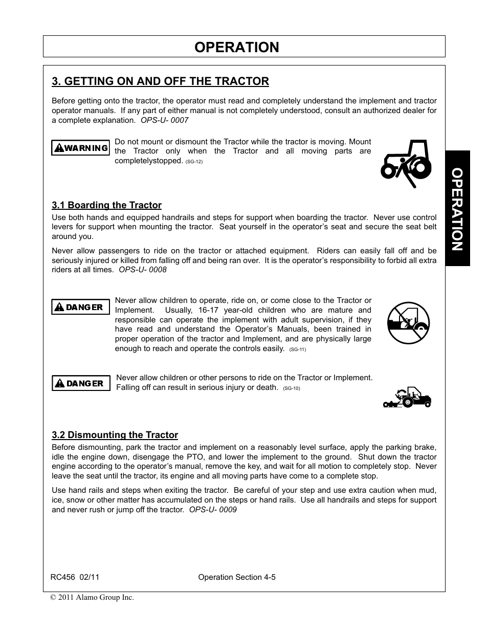 Getting on and off the tractor, 1 boarding the tractor, 2 dismounting the tractor | Operation, Opera t ion | Rhino Mounts RC456 User Manual | Page 39 / 72