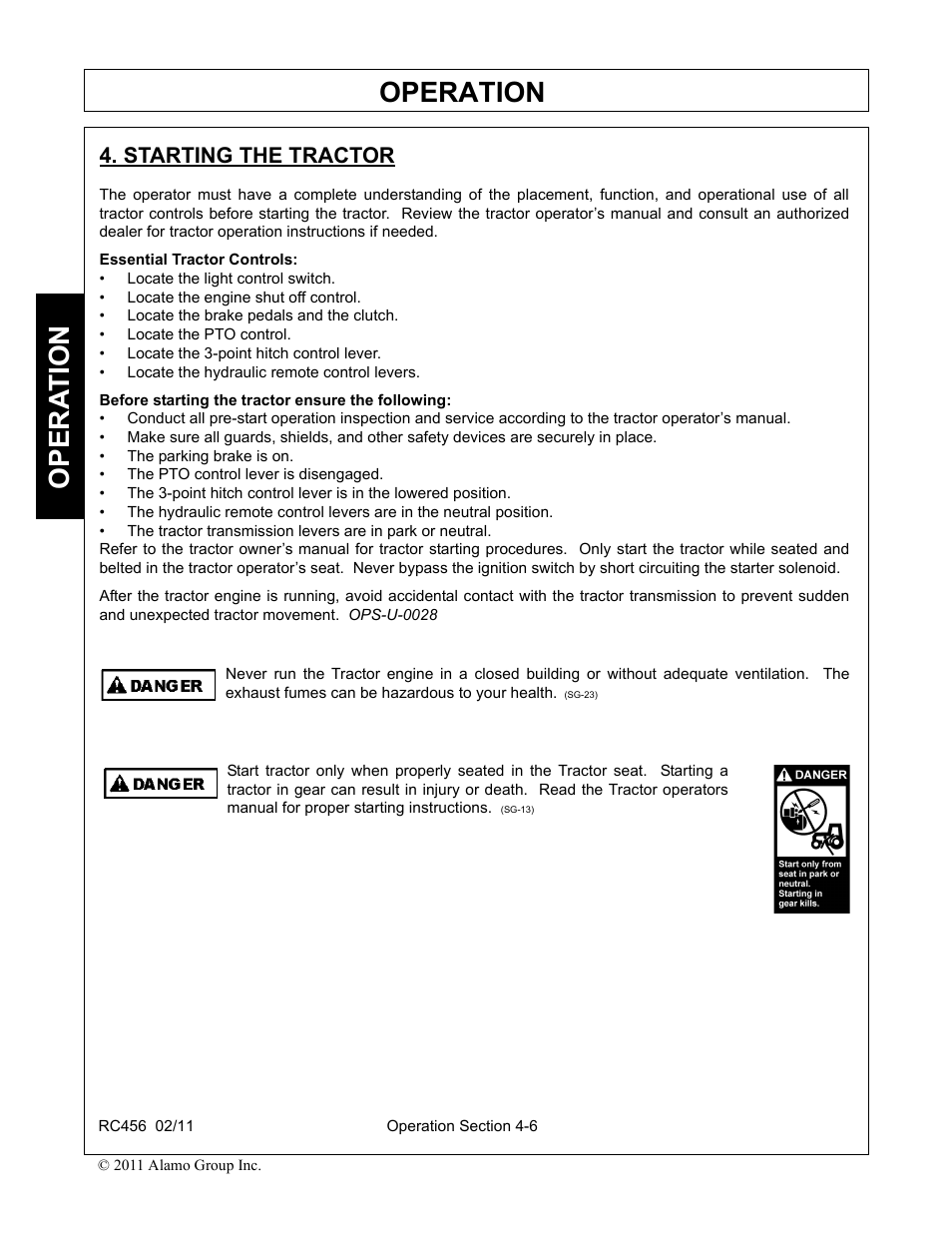 Starting the tractor, Starting the tractor -6, Operation | Opera t ion | Rhino Mounts RC456 User Manual | Page 40 / 72