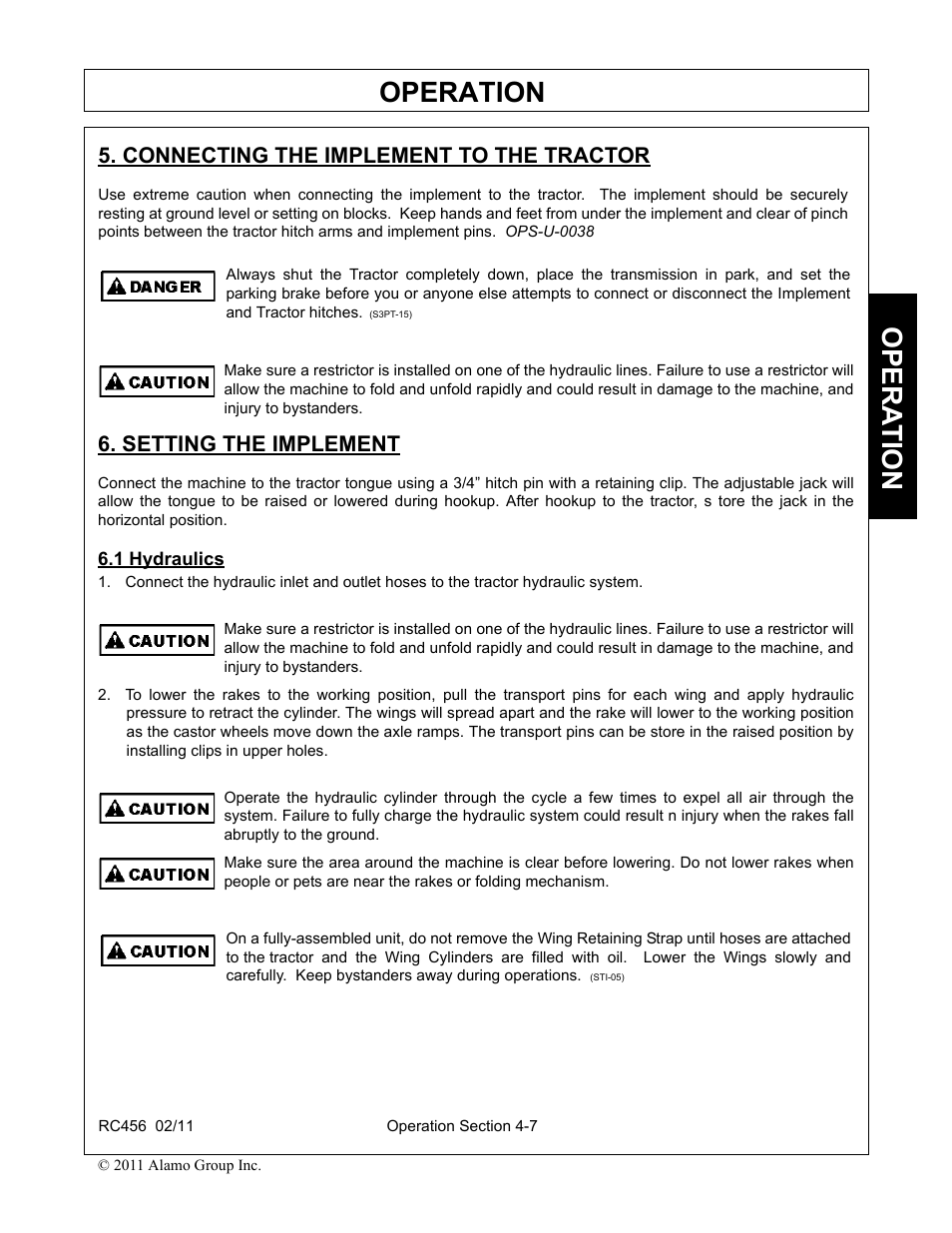 Connecting the implement to the tractor, Setting the implement, 1 hydraulics | Operation, Opera t ion | Rhino Mounts RC456 User Manual | Page 41 / 72