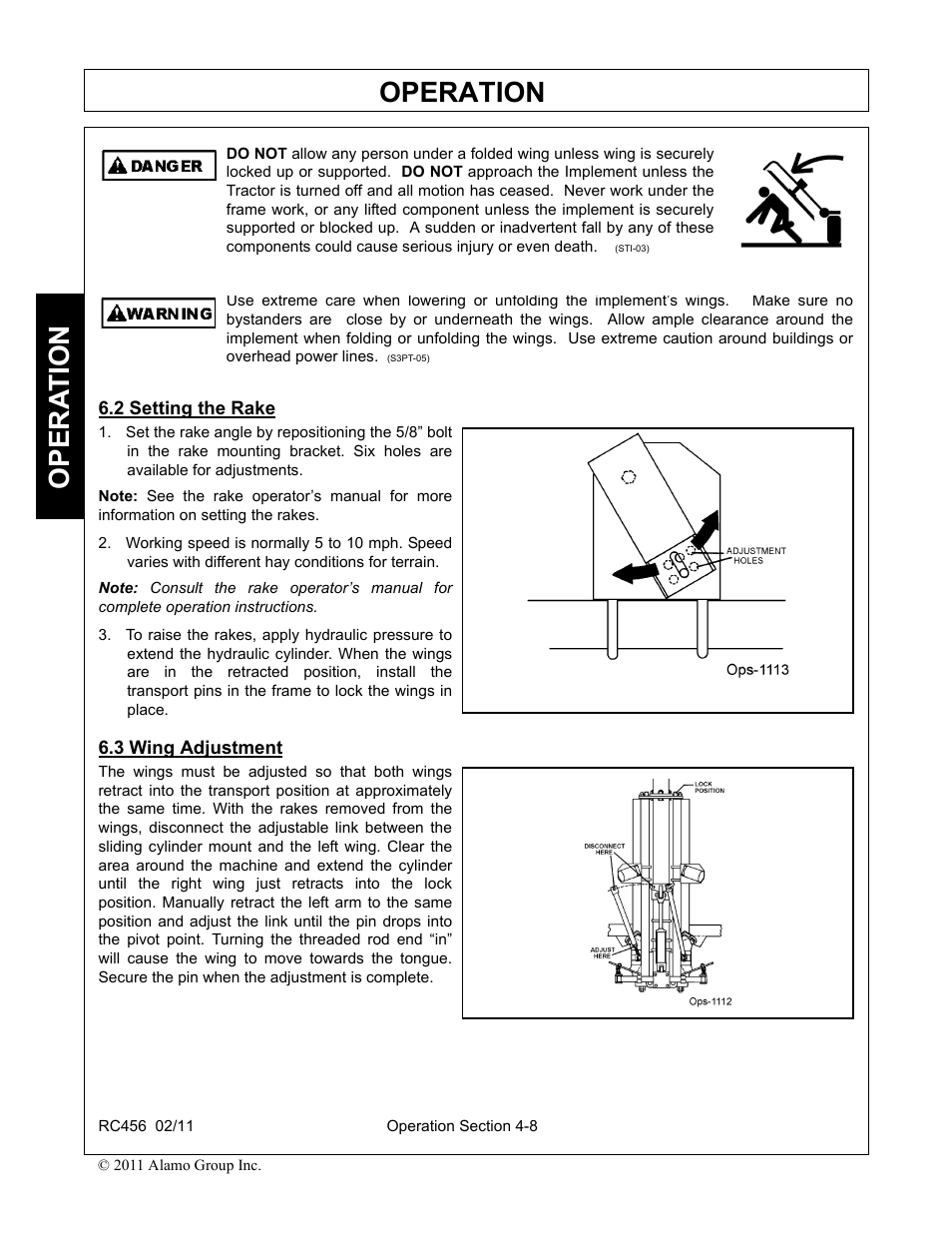 2 setting the rake, 3 wing adjustment, Setting the rake -8 wing adjustment -8 | Operation, Opera t ion | Rhino Mounts RC456 User Manual | Page 42 / 72