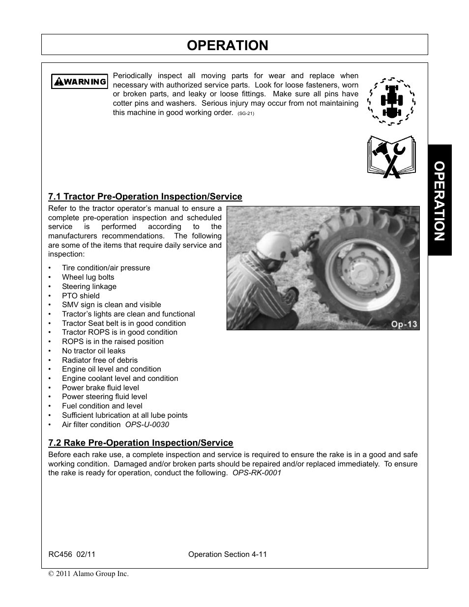 Pre-operation inspection and service, Pre-operation inspection and service -10, Operation | Opera t ion | Rhino Mounts RC456 User Manual | Page 45 / 72