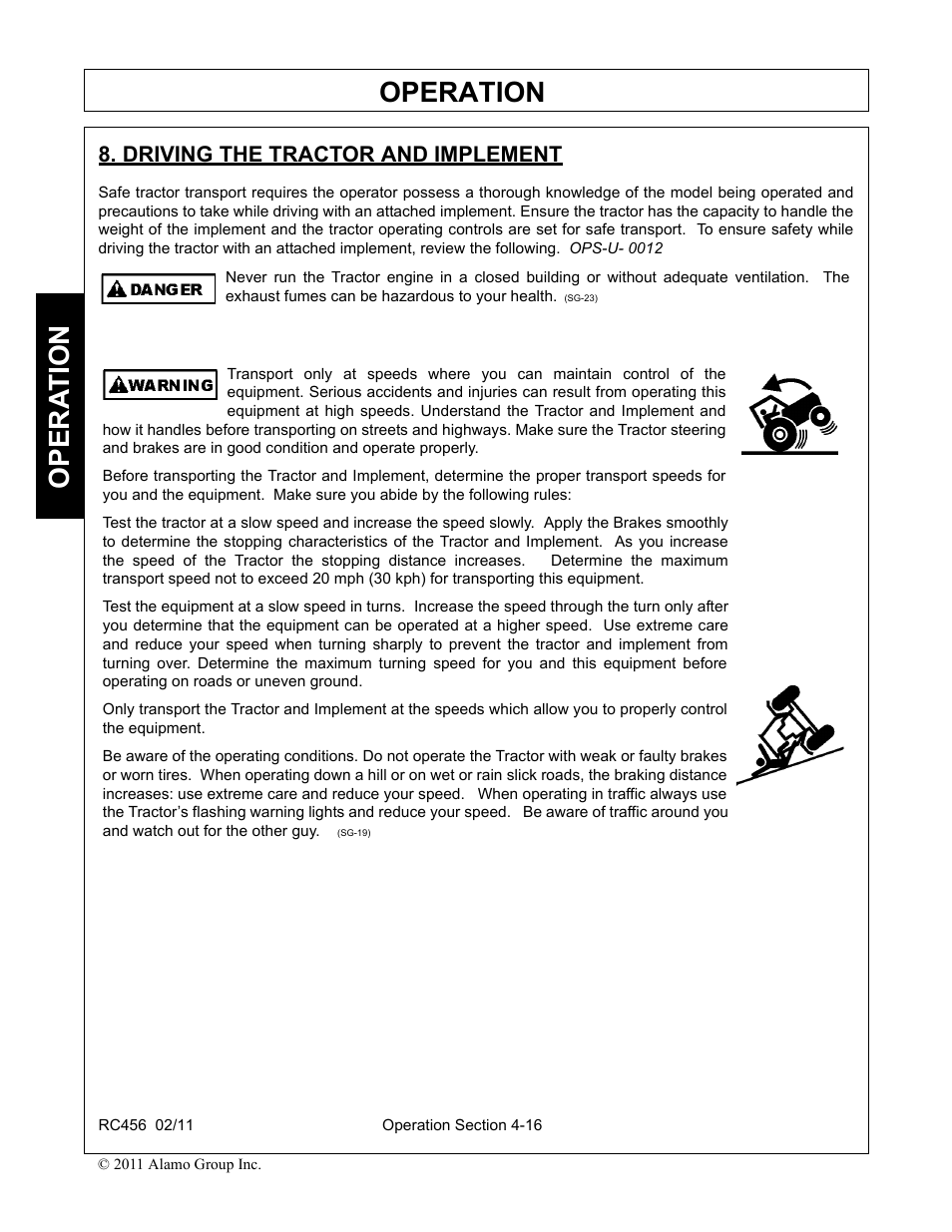 Operation, Opera t ion, Driving the tractor and implement | Rhino Mounts RC456 User Manual | Page 50 / 72