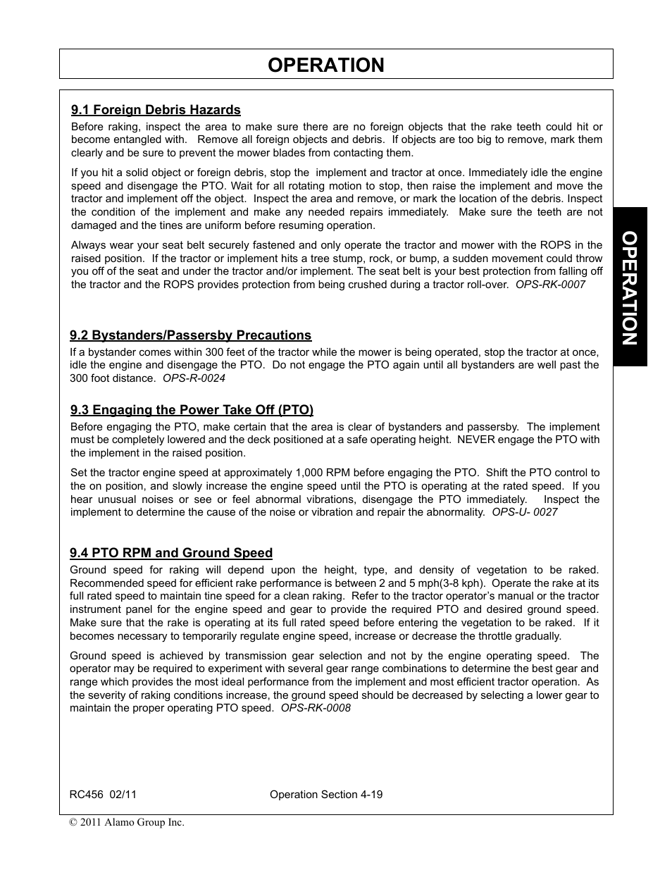 3 driving the tractor and implement, Operating the tractor and implement, Operation | Opera t ion | Rhino Mounts RC456 User Manual | Page 53 / 72