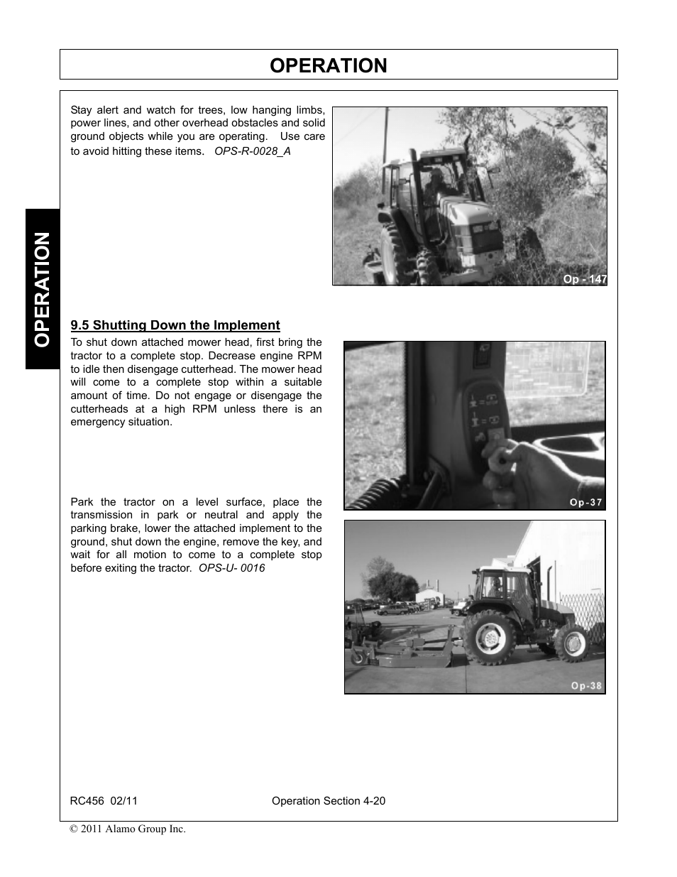 1 foreign debris hazards, 2 bystanders/passersby precautions, 3 engaging the power take off (pto) | 4 pto rpm and ground speed, Operation, Opera t ion | Rhino Mounts RC456 User Manual | Page 54 / 72