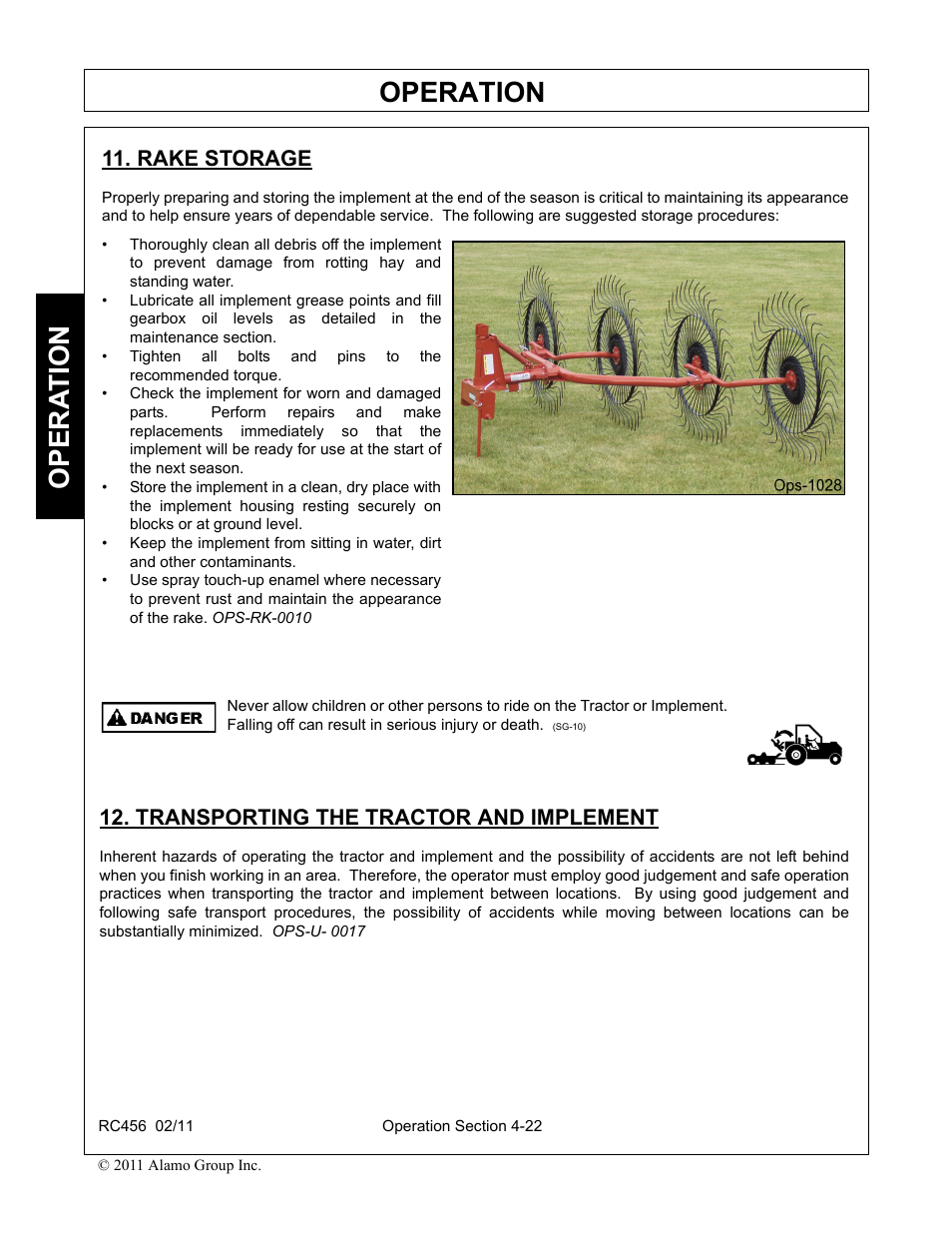 Disconnecting the implement from the tractor, Disconnecting the implement from the tractor -21, Operation | Opera t ion, Rake storage, Transporting the tractor and implement | Rhino Mounts RC456 User Manual | Page 56 / 72